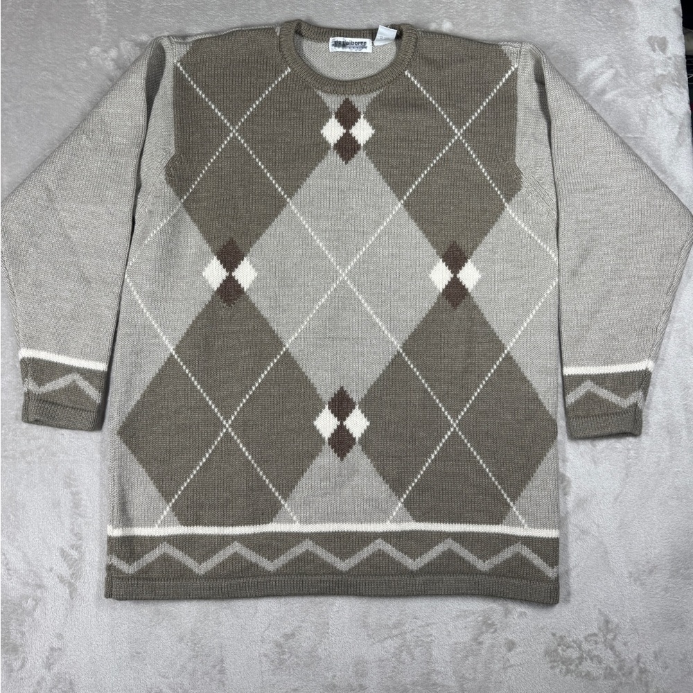 Vintage Liz Claiborne Merino Wool Cashmere Blend Argyle Knit Tan Cream Sweater M